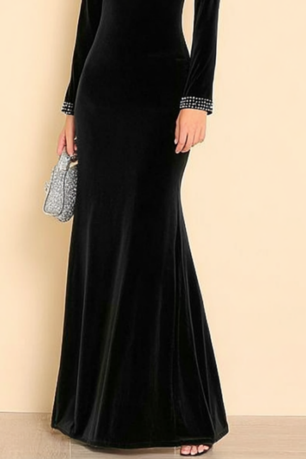 Formal Evening Dress Black Crew Neck Velvet Maxi Dress