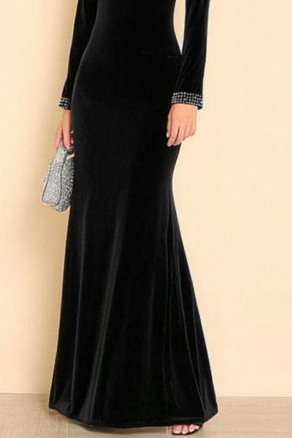 Formal Evening Dress Black Crew Neck Velvet Maxi Dress