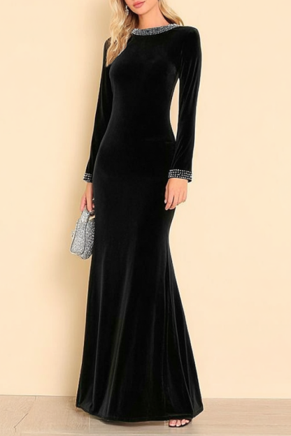 Formal Evening Dress Black Crew Neck Velvet Maxi Dress