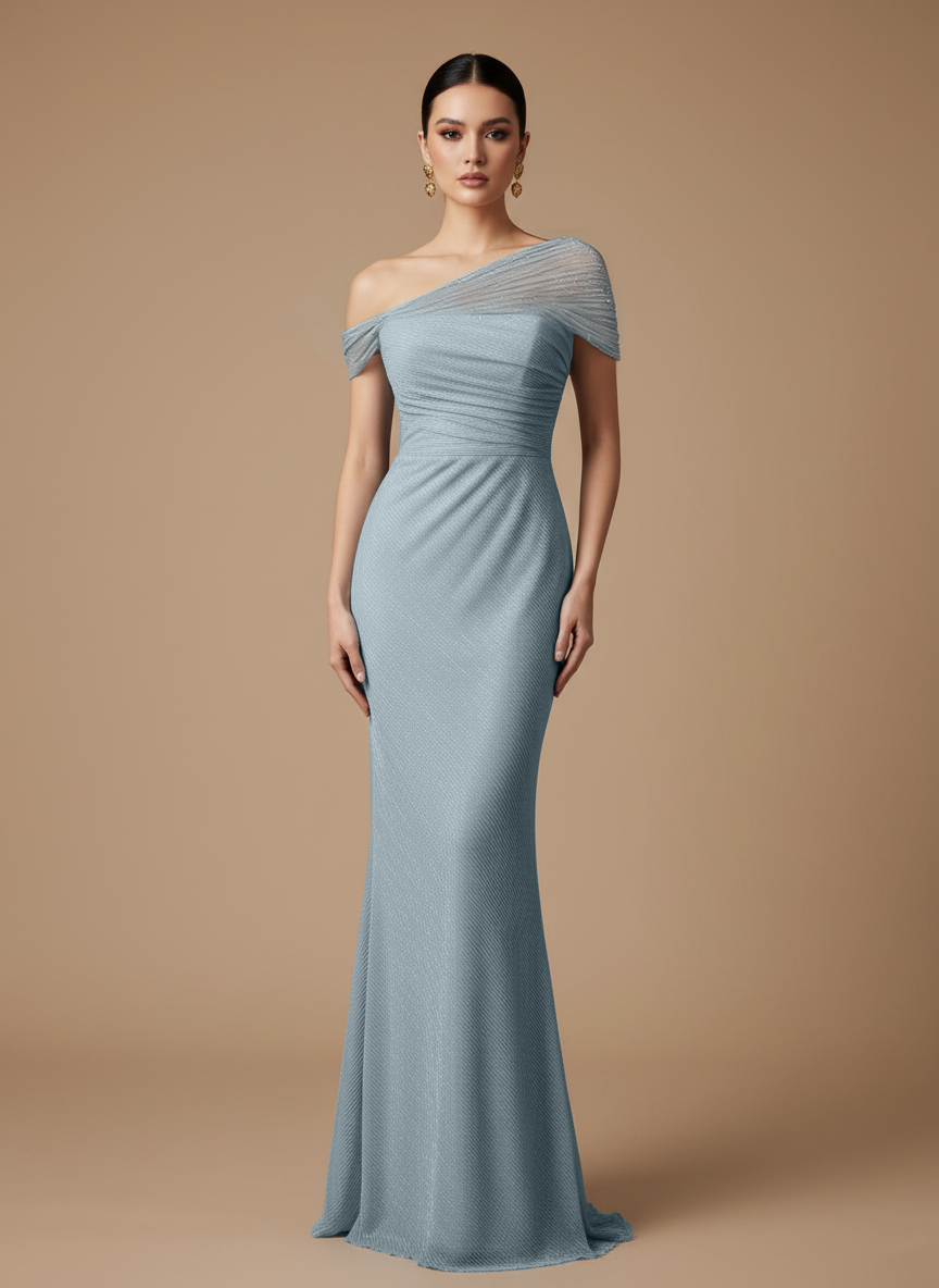 Evening Prom Light Blue Gown One Shoulder Glitter Pleated Maxi Dress