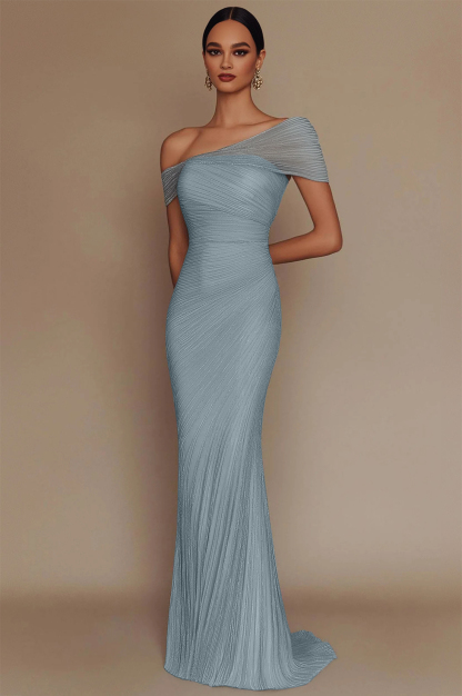 Evening Prom Light Blue Gown One Shoulder Glitter Pleated Maxi Dress