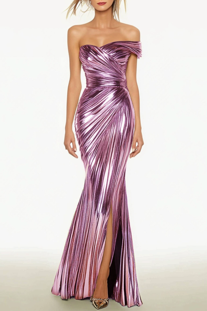 Evening Dress Silver Metallic Pleated One-Shoulder Slit Maxi Dress