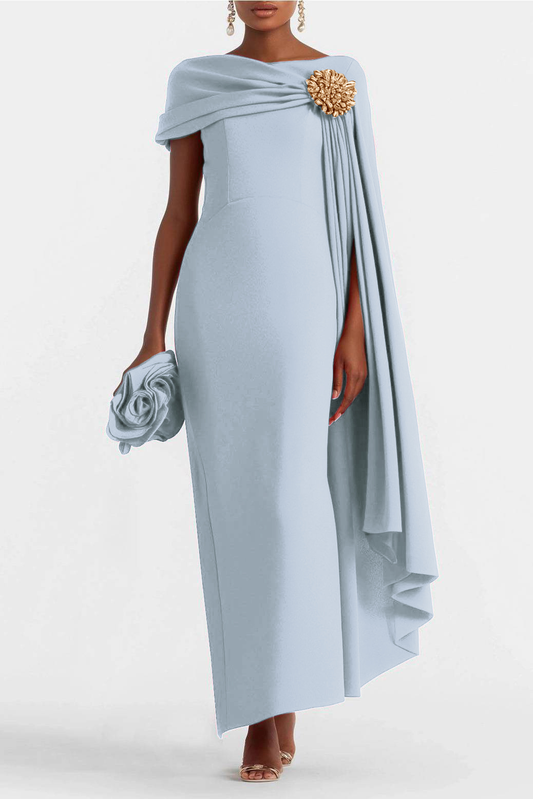 Party Formal Dress Cape Black White Color Block Pearl Boat Neck Maxi D