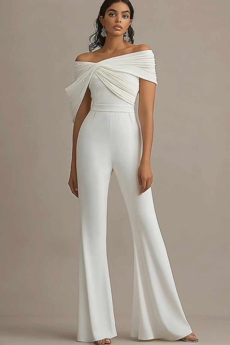 Formal Evening White Draped Flared-Leg Jumpsuit