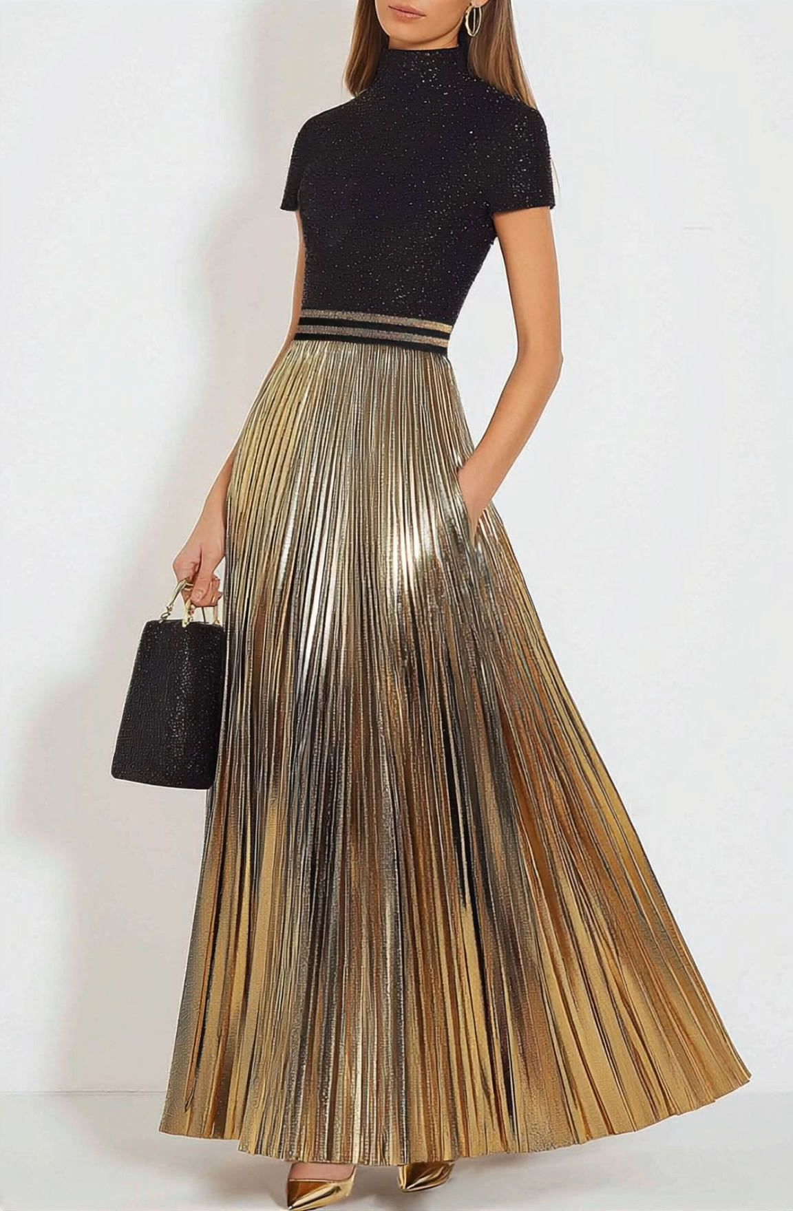 Daily Evening Shiny Dress Pleated Pearl Black and Gold Color-Block Maxi Dress
