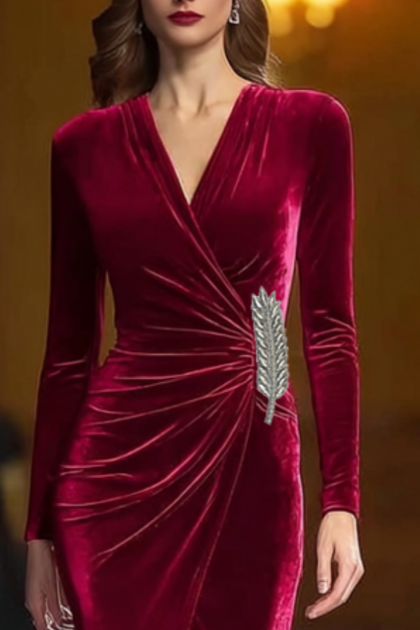 Cocktail Dress​ Burgundy V Neck Velvet Midi Dress
