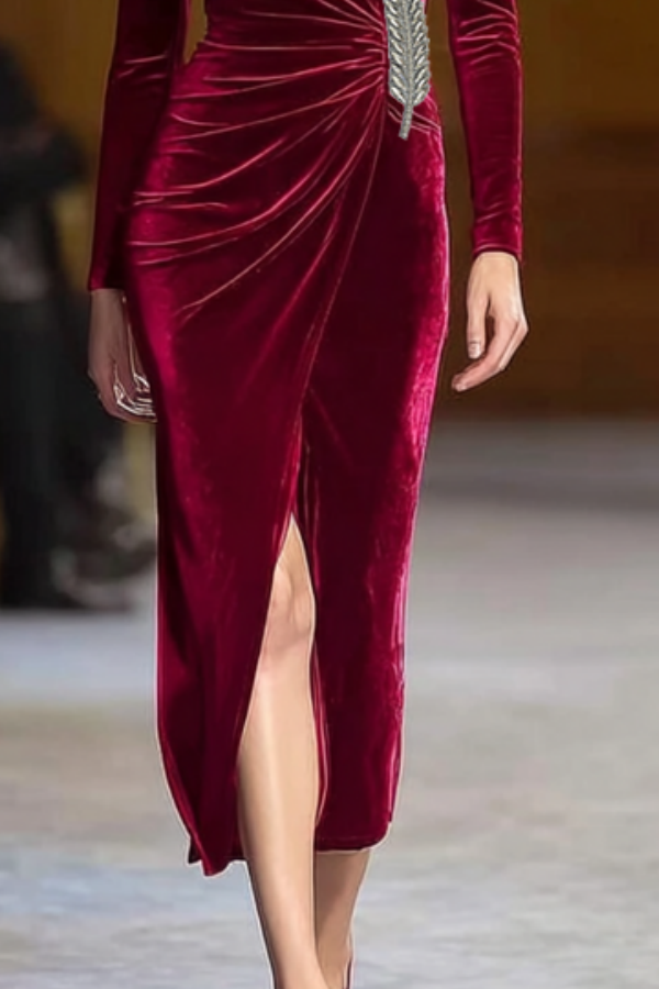 Cocktail Dress​ Burgundy V Neck Velvet Midi Dress