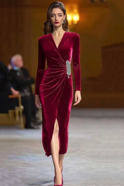 Cocktail Dress​ Burgundy V Neck Velvet Midi Dress