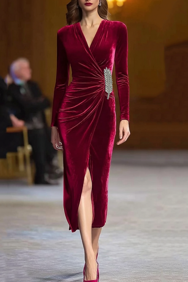 Cocktail Dress​ Burgundy V Neck Velvet Midi Dress