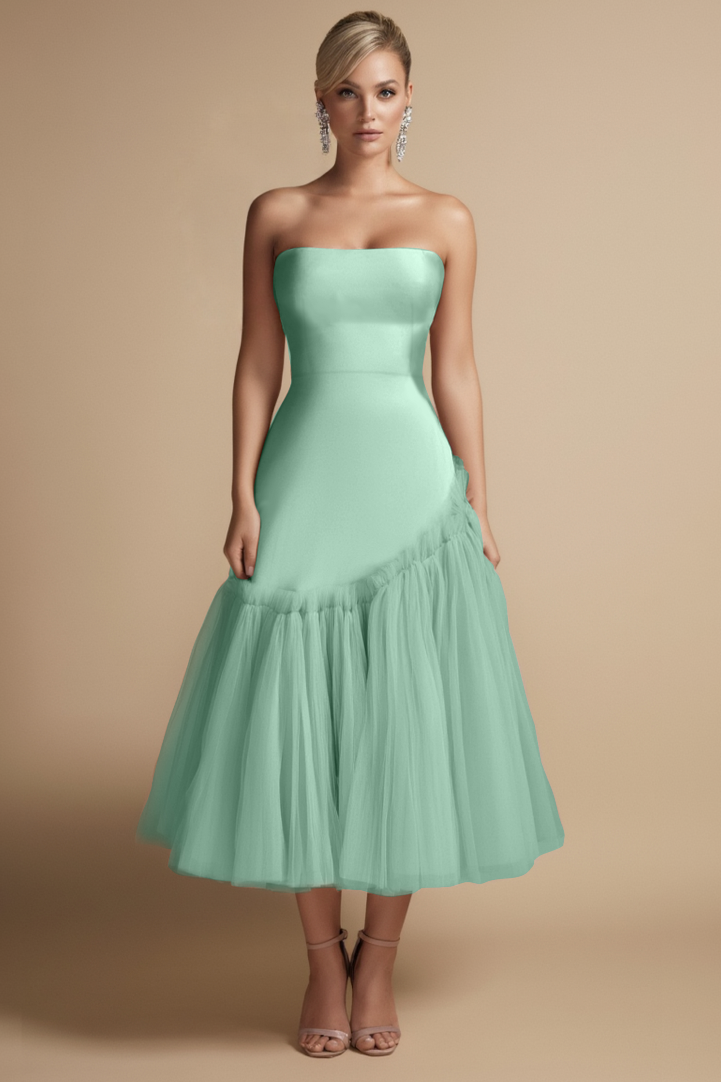 Cocktail Dress Pink Strapless Mesh Midi Dress