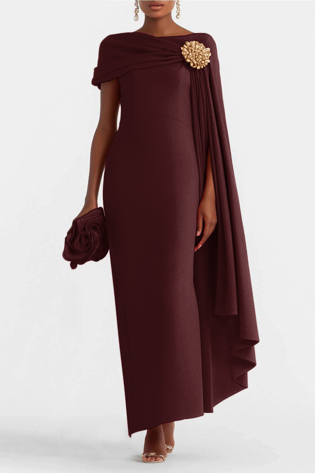 Evening Formal Dress Rhinestone Decoration Cape Asymmetrical Maxi Gown