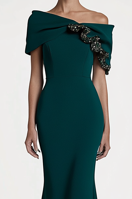 Dark Green Party Work Bowknot Shoulder Decoration Maxi Dress