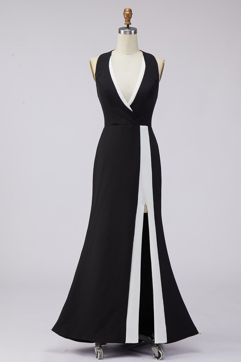 Evening Formal Dress Black White Halter V-Neck Slit Maxi Gown