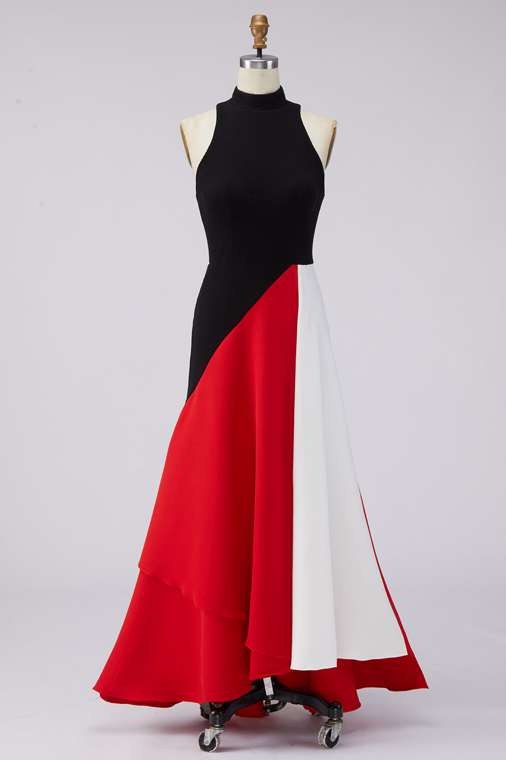Formal Evening Dress Red Black Color-Block Sleeveless Maxi Dress