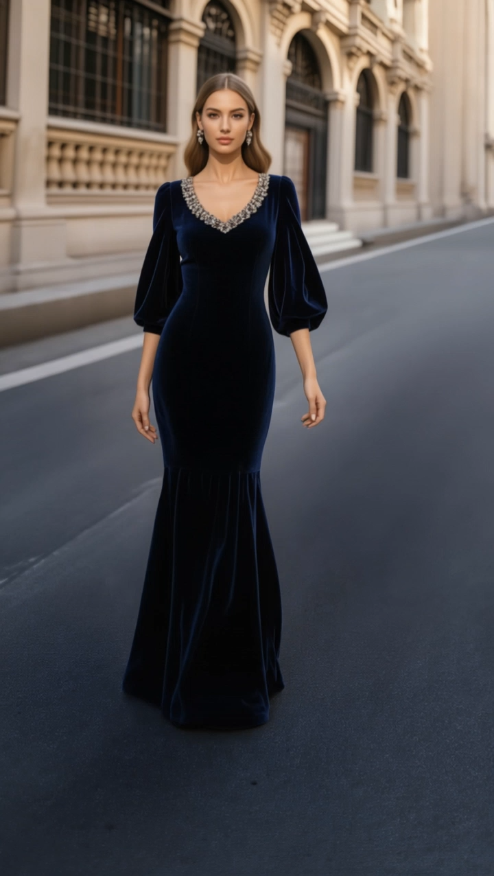 Formal Evening Dress Navy V Neck Maxi Velvet Mermaid Dress