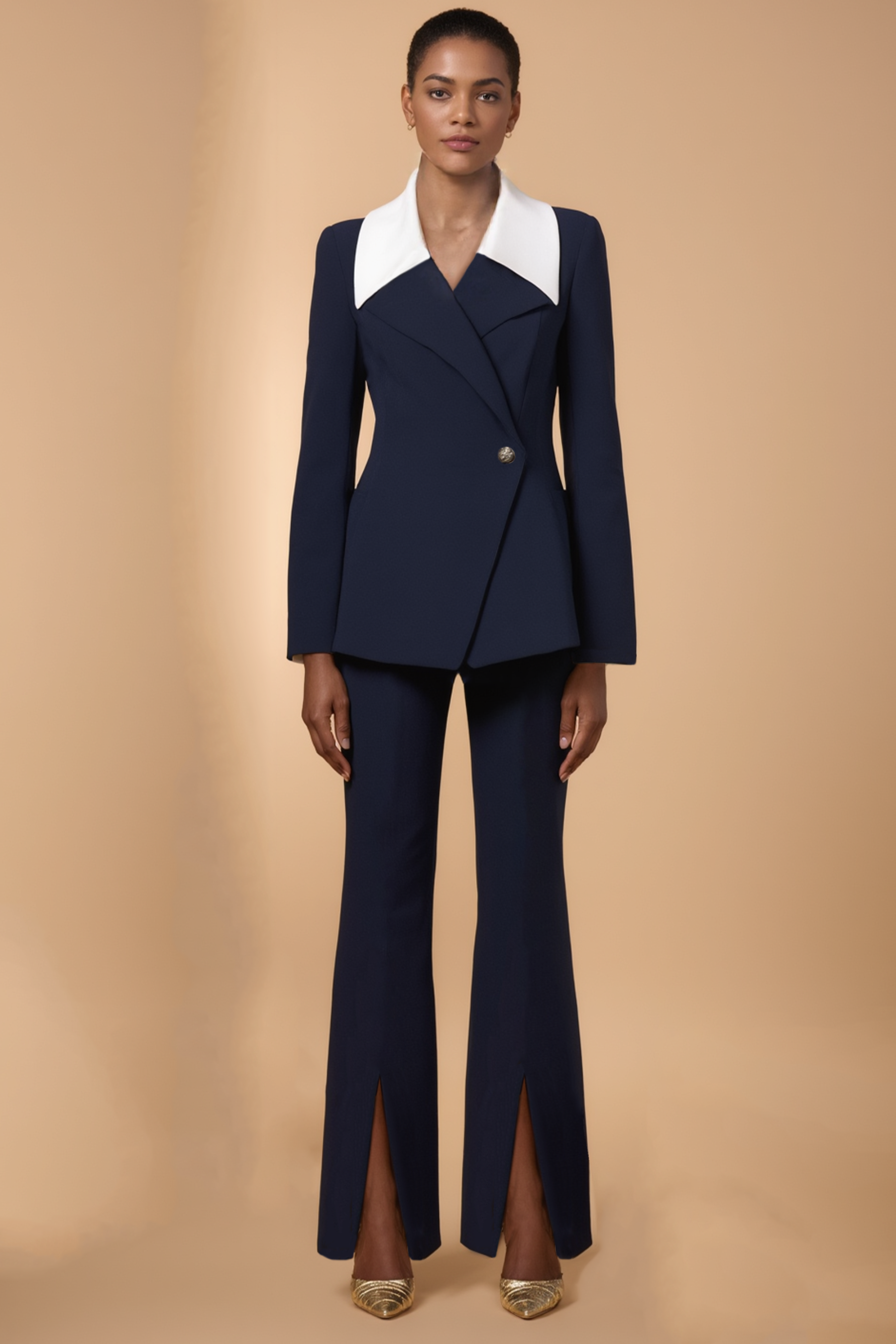 Work Suit Sets Navy V Neck Pants Set