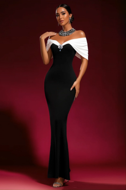 Formal Evening Dress Black White Off Shoulder Maxi Dress