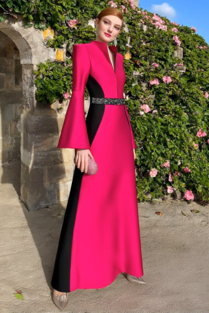 Formal Evening Dress Rose V Neck Long Sleeve Maxi Dress