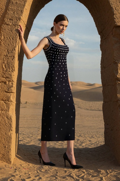 Formal Evening Dress Black Square Neck Rhinestones Maxi Dress-chiclody