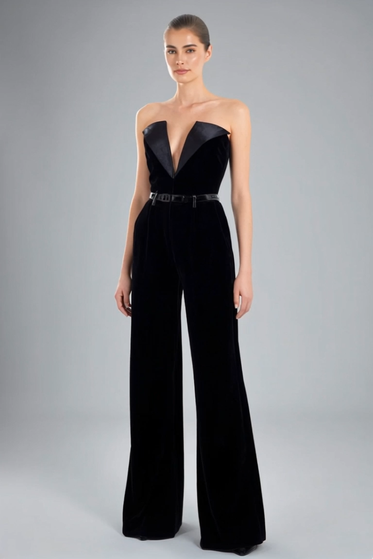 Chic Party Jumpsuit Black Deep V-Neck Strapless Straight-Leg Pants