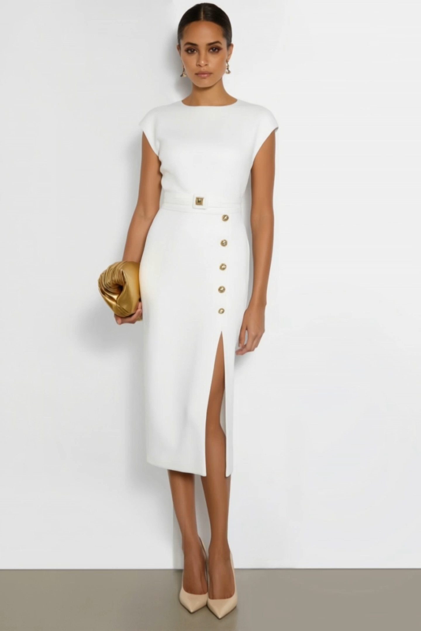 Work Dress​ White Crew Neck Slit Midi Dress