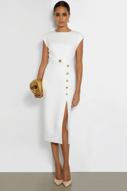 Work Dress​ White Crew Neck Slit Midi Dress