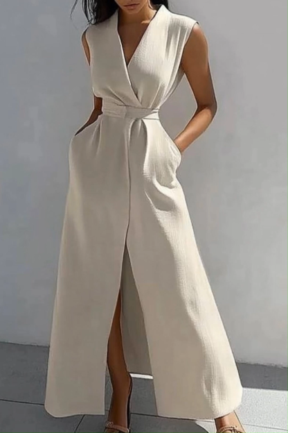 Casual Linen Dress Ivory Cross Neck Sleeveless Pocket Slit Maxi Dress