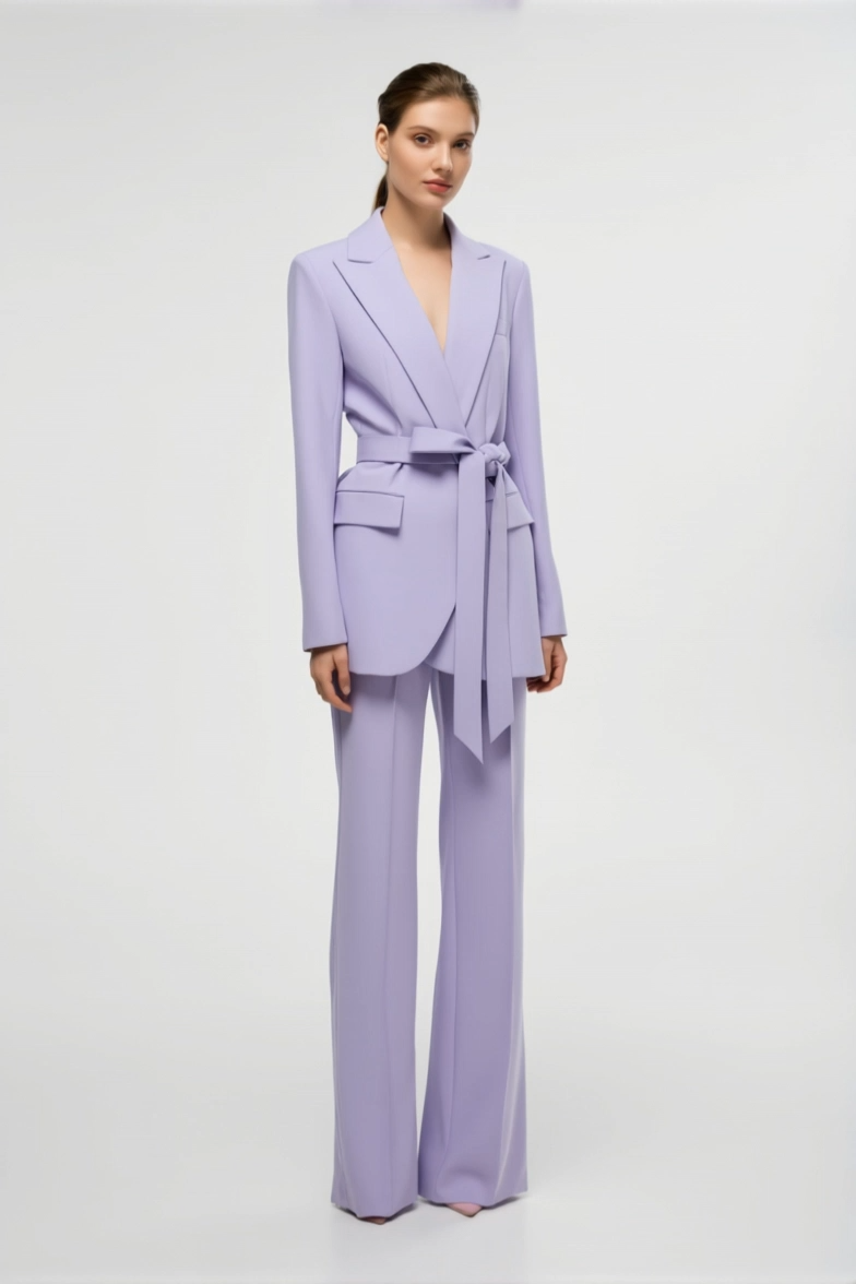 Work Blazer Suit Purple Lapel Long Sleeve Pants Set