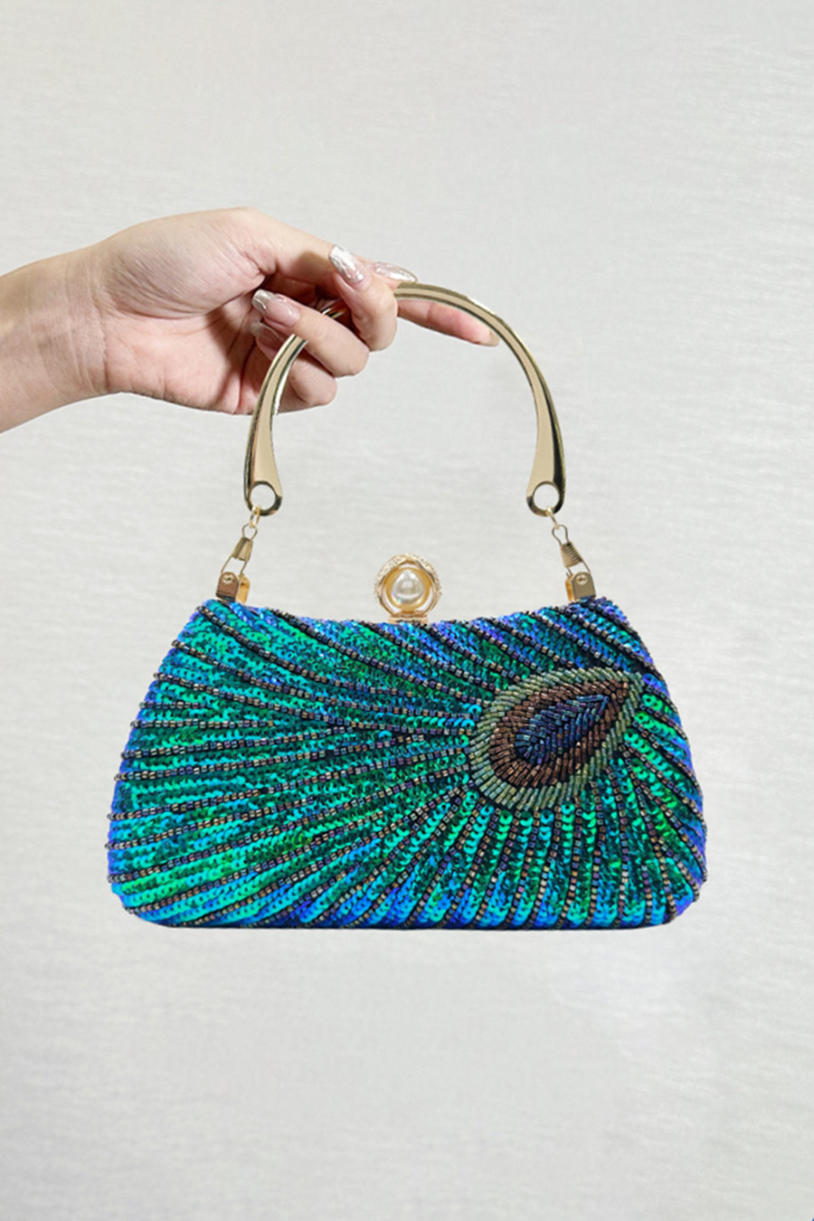 Blue Green Peacock Feather Pattern Beaded Evening Bag