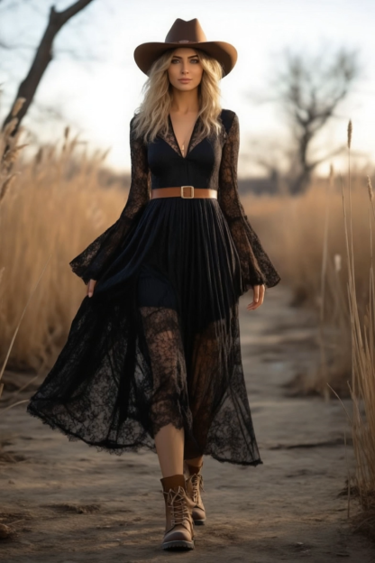 Boho Lace Dress Black V Neck Belted Midi Dress