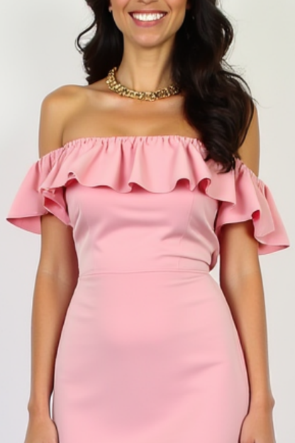 ​​ ​Wedding Guest ​Cocktail​ Dress Pink Ruffle Off Shoulder Maxi Dress