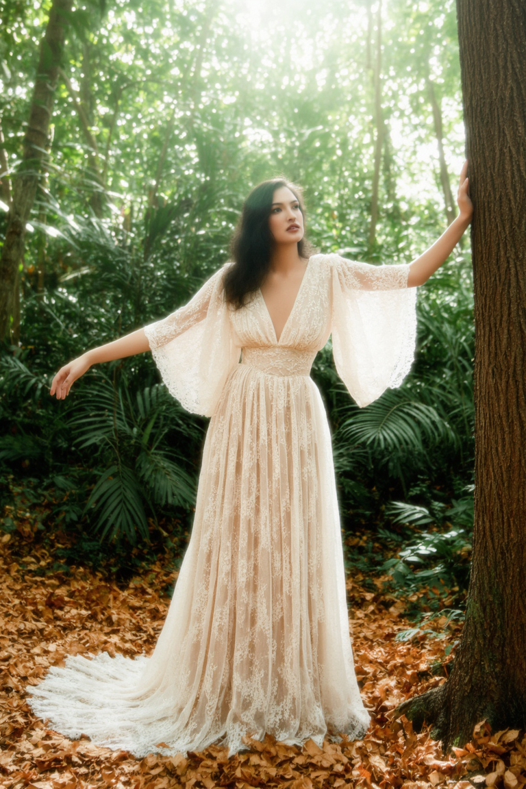 Bohemian Swing Dress White V Neck Lace Floor-Length Dress