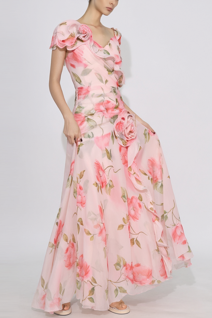 ​Party Vacation Dress Pink V Neck 3D Floral Floor-Length Dress