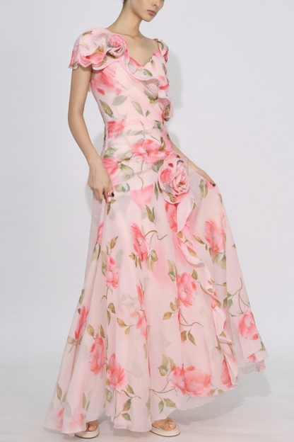 ​Party Vacation Dress Pink V Neck 3D Floral Floor-Length Dress