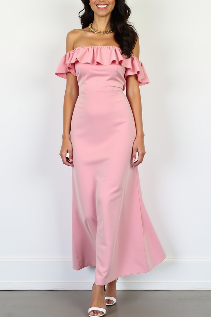 ​Wedding Guest ​Cocktail​ Dress Pink Ruffle Off Shoulder Maxi Dress