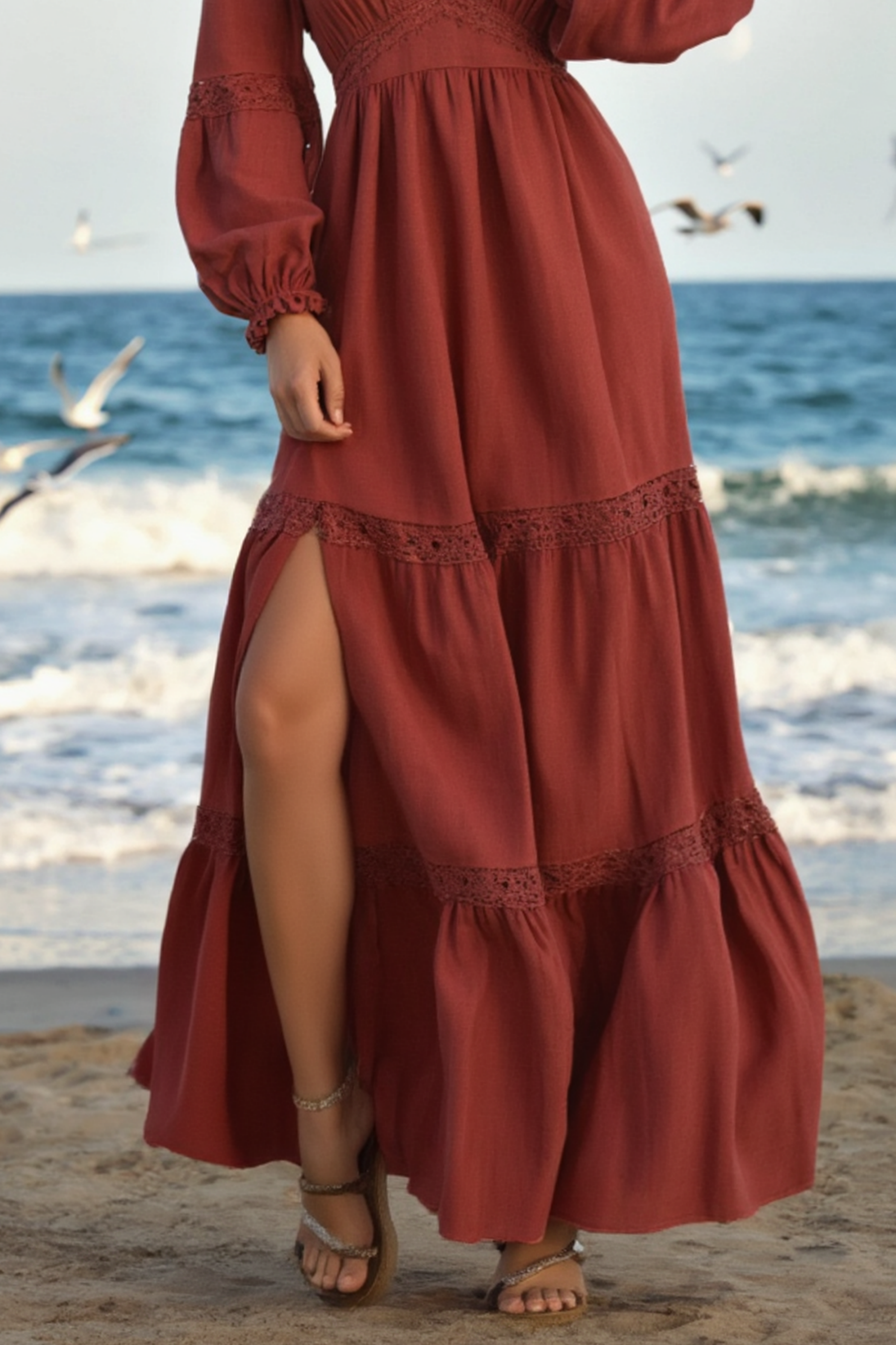 Bohemian Swing Dress Red V Neck Floor-Length Dress