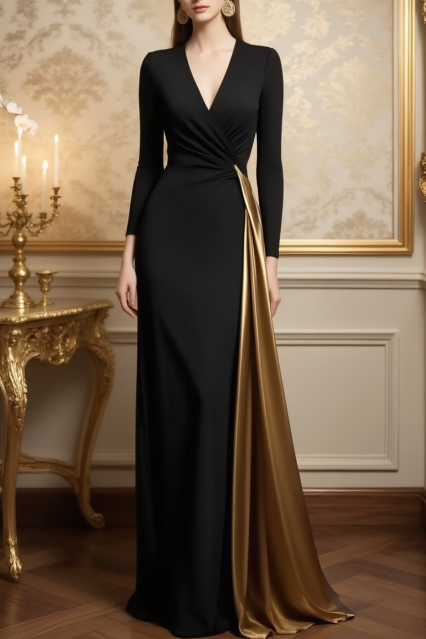 Evening ​Dress​​ Black V Neck Colorblock Floor-Length Dress