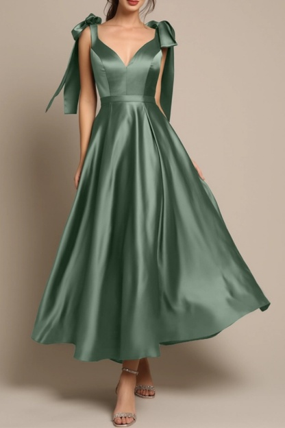 Evening Formal Satin Dress​​ Green V Neck A-Line Maxi Dress