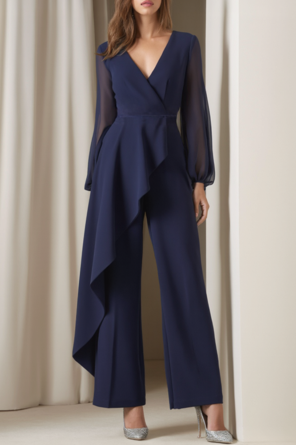 Casual Set Navy V Neck Ruffle Long Sleeve Wide-Leng Pants Set 