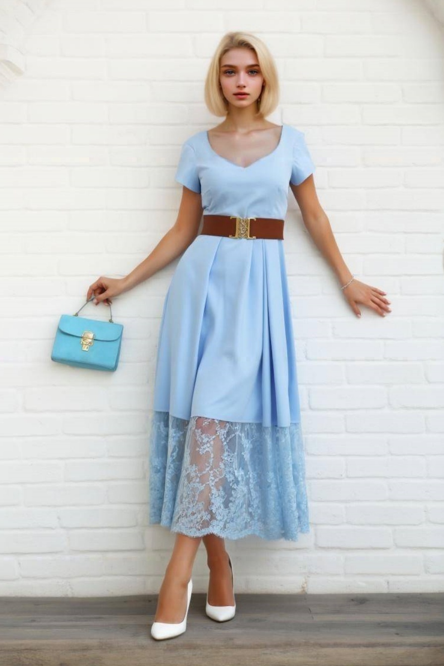 Work Dress Blue V Neck Lace Belted Maxi Dress