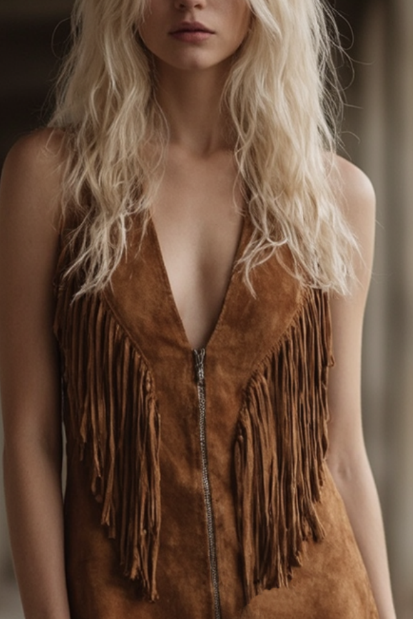 Boho Dress Brown V Neck Tassel Mini Dress