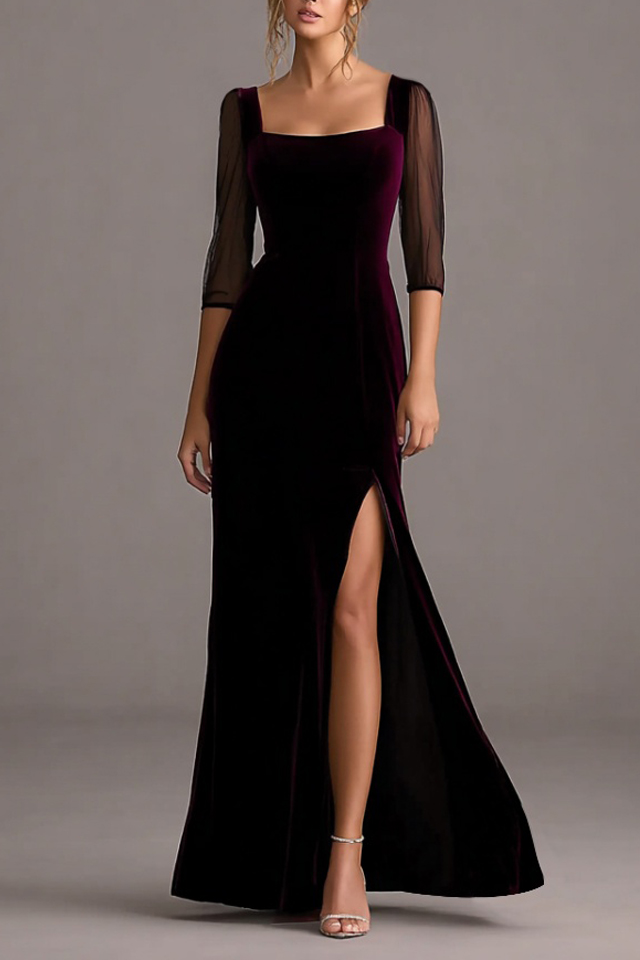 Formal Evening Dress Black Square Neck Velvet Maxi Dress