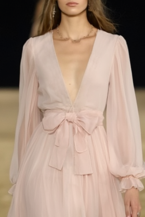 Formal Evening Dress Pink Deep V Bow Lace Maxi Dress