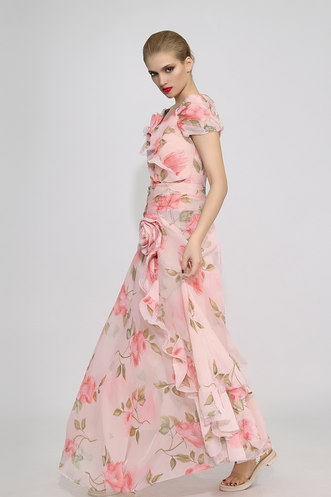 ​Party Vacation Dress Pink V Neck 3D Floral Floor-Length Dress