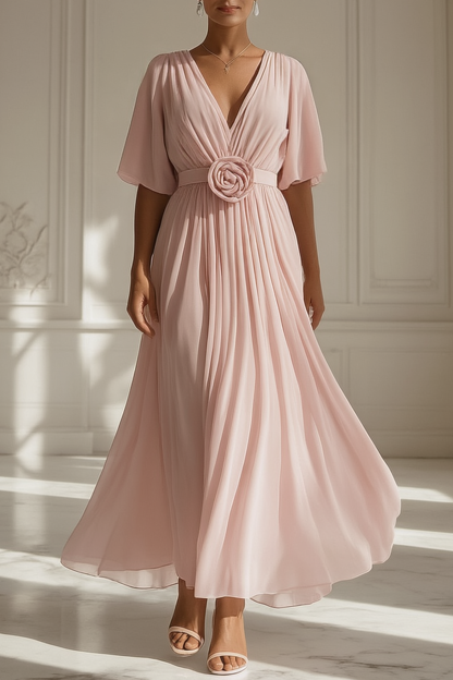 Formal Evening Dress Pink V Neck Floral Maxi Dress