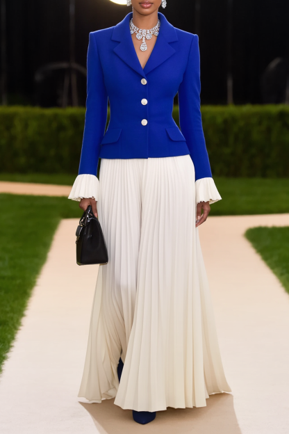 Formal ​Wedding Guest Suit Sets Blue Lapel Long Sleeve Maxi Skirt Set