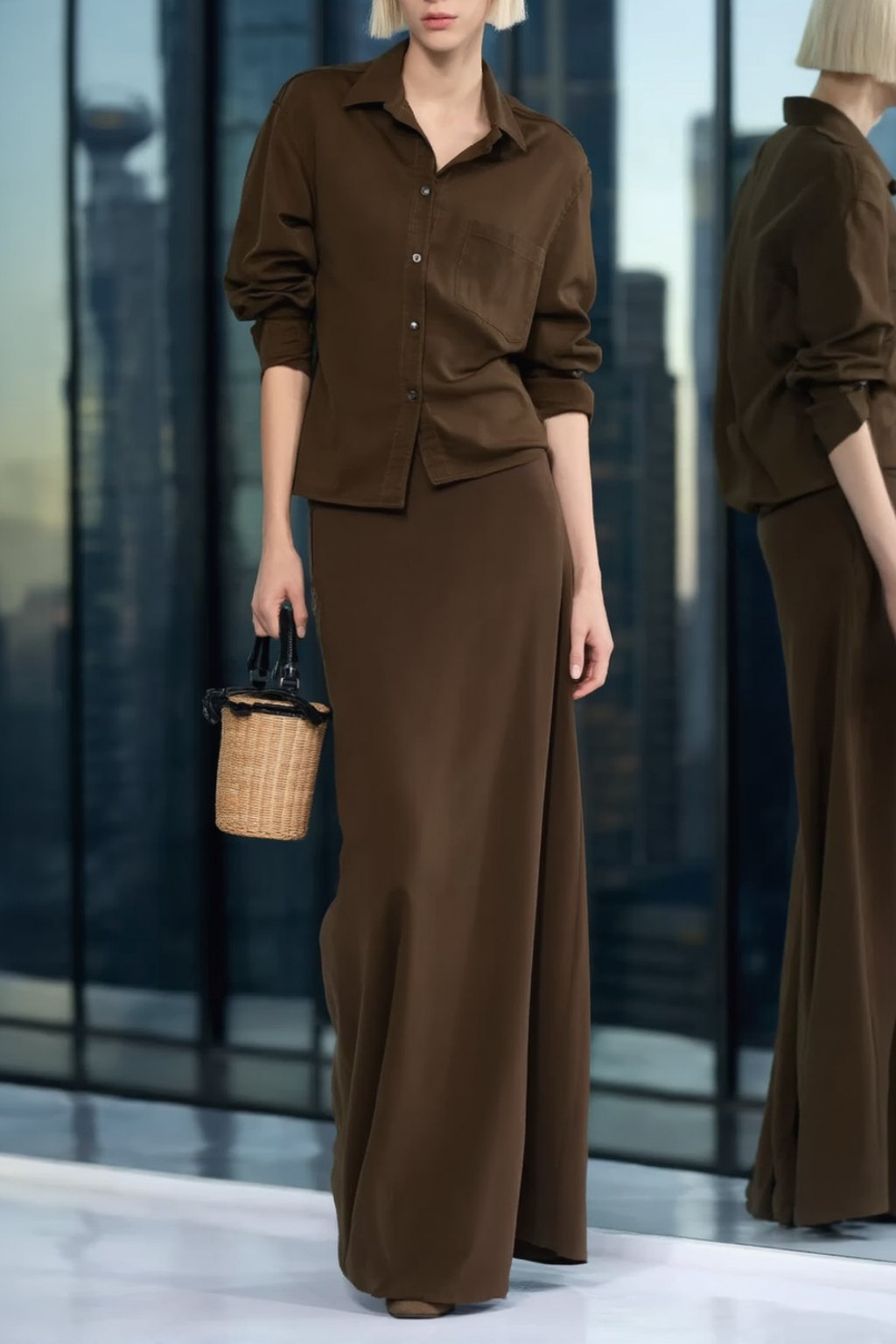 Casual Set Coffee Shirt Collar Floor-Length Skirt Two-Piece Set