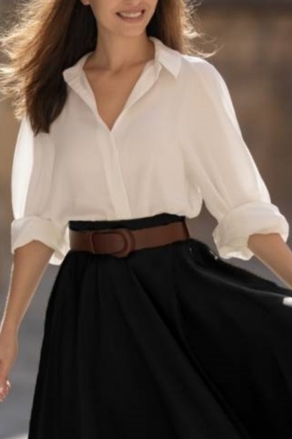 Casual Swing Shirt Skirt Set​​ Black White Lapel Floor-Length