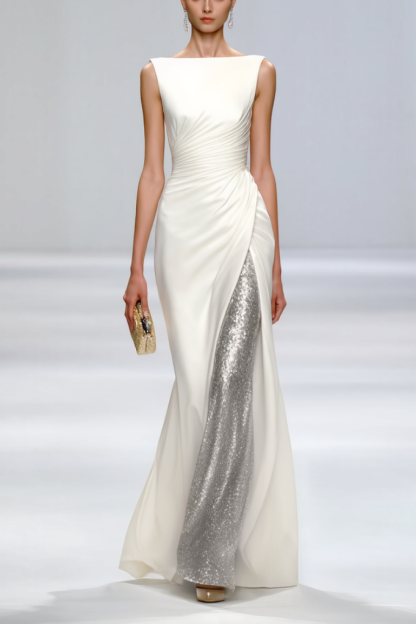 Formal Sequin Dress​​ White Crew Neck Floor-Length Dress