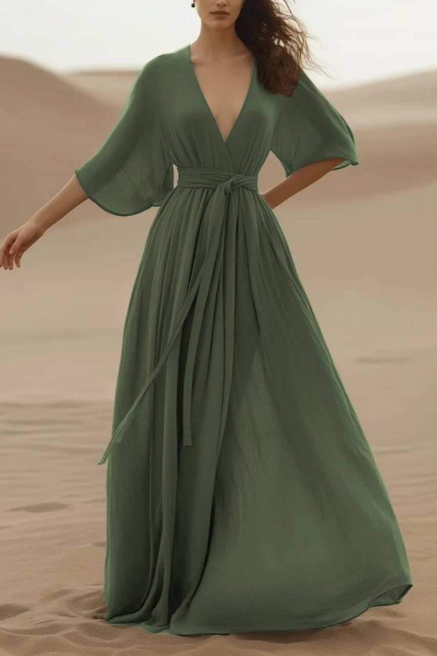Bohemian Swing Dress Green Deep V Floor-Length Dress